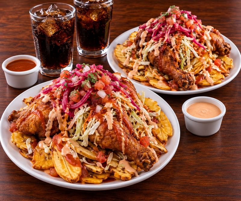 2 platos de pollo con tajadas