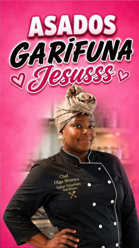 La chef Olga Moreira con chaqueta negra y turbante, en el afiche de Asados Garífuna Jesús