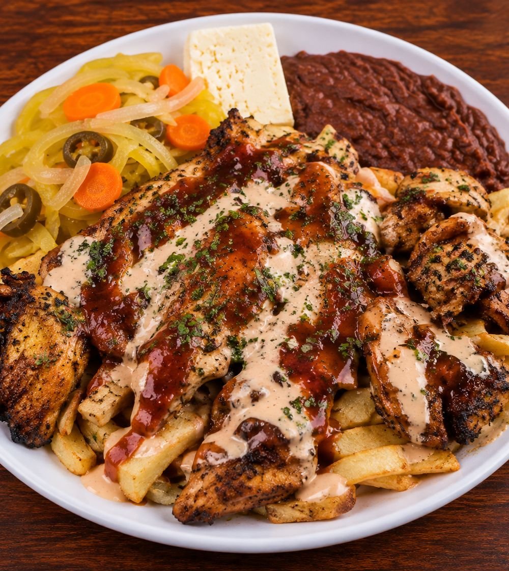 Plato de asados garífuna con pollo a la parrilla, papas fritas, frijoles molidos, queso fresco y encurtido de cebolla con zanahoria